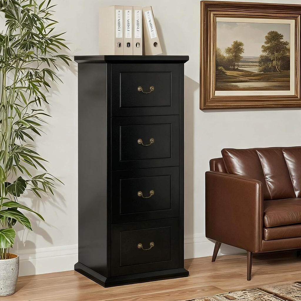 Tribesigns 4-Drawer File Cabinet, Tall Wood Filing Cabinet for A4/Letter/Legal Files, Vertical File Storage Printer Stand with Hanging Rails for Home Office, Black