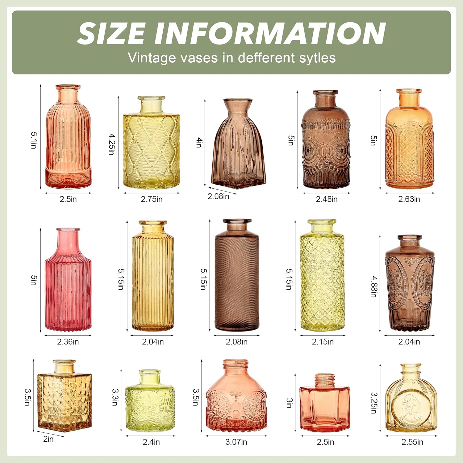 Colored Glass Vases Bulk 32 Pcs - Assorted Vintage Bud Vases for Wedding Centerpieces, Rustic Embossed Glass Bottles for Table Decor, Home Floral Arrangements with Gold Series (2-6 Inch)