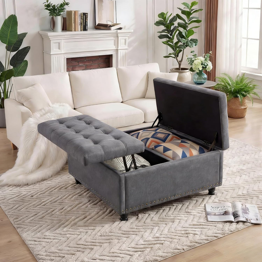 Garvee 36'' Large Square Storage Ottoman, Lift Top Storage Ottoman Coffee Table with Tufted Upholstery and Wood Legs, Ottoman with Storage for Living Room, Bedroom, 44.6 Gallon, 300 Lbs, Gray