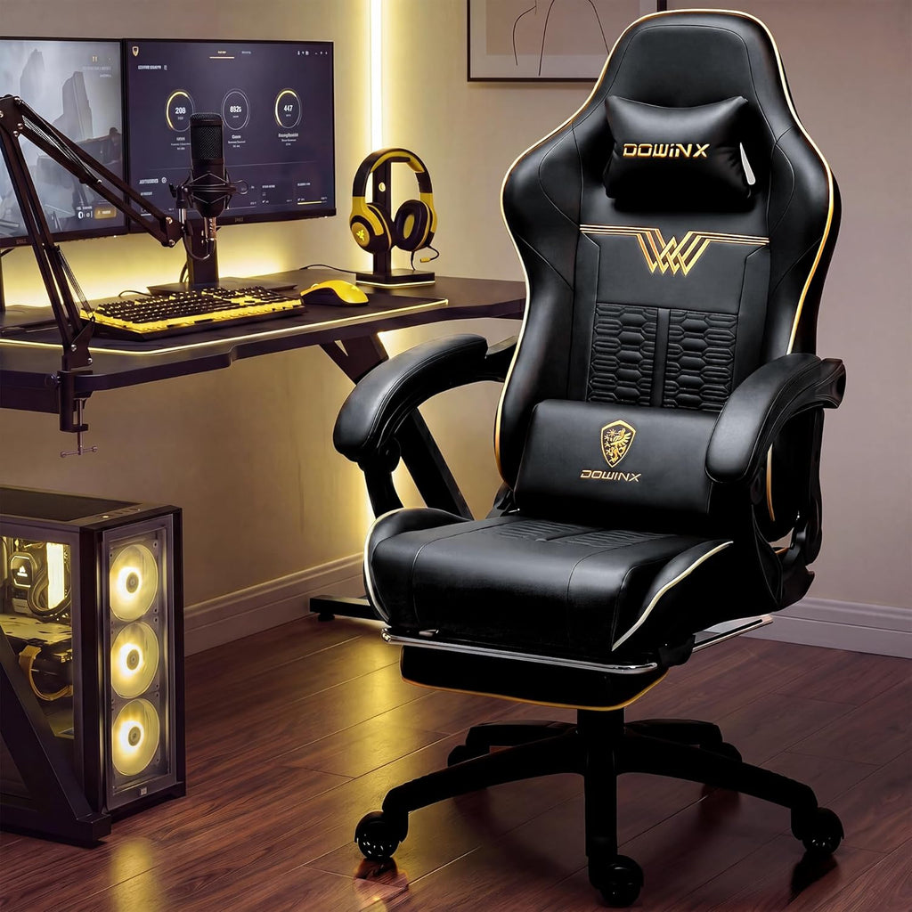 Dowinx Big and Tall Gaming Chair 350LBS, Racing Style Ergonomic Computer Chair with Side-Mounted Recline Control, Footrest & Massage Lumbar, High Back Chair with Embroidered Design for Work, Black
