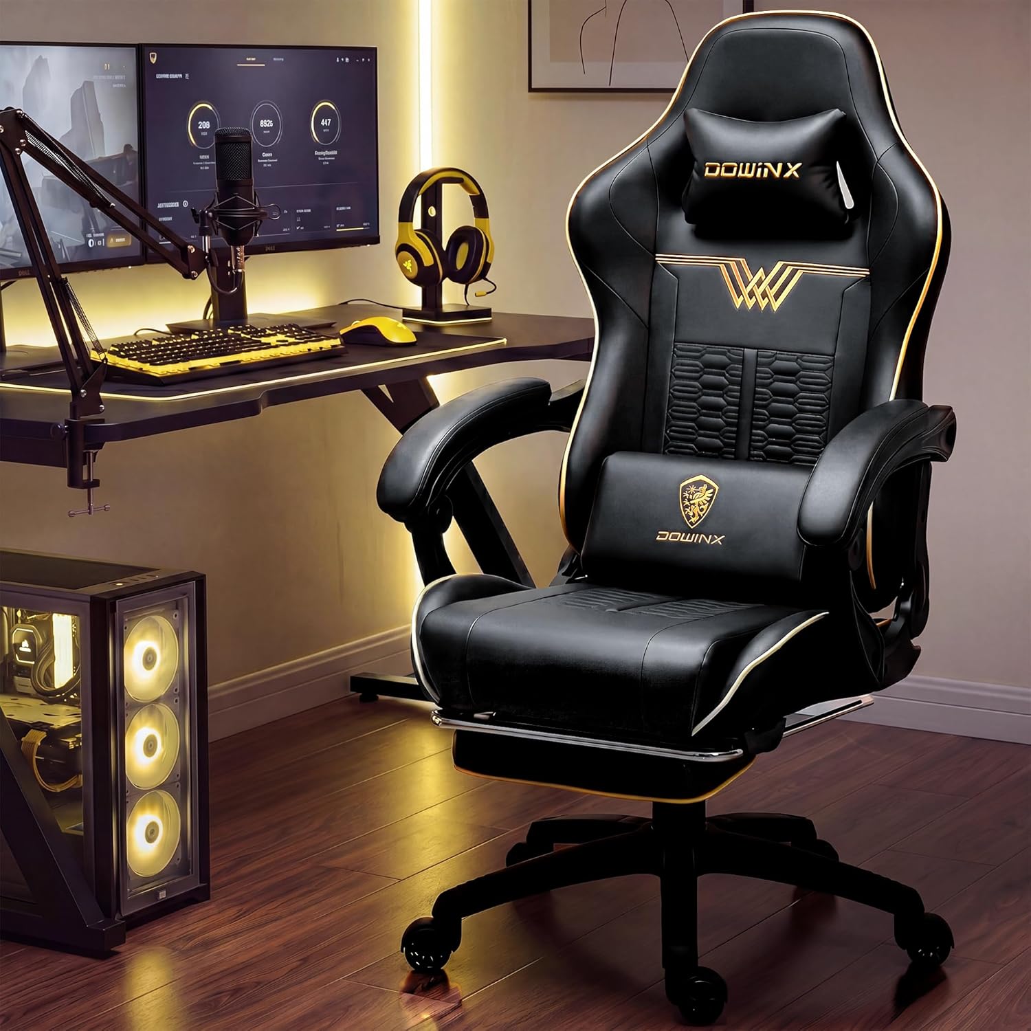 Dowinx Big and Tall Gaming Chair 350LBS, Racing Style Ergonomic Computer Chair with Side-Mounted Recline Control, Footrest & Massage Lumbar, High Back Chair with Embroidered Design for Work, Black