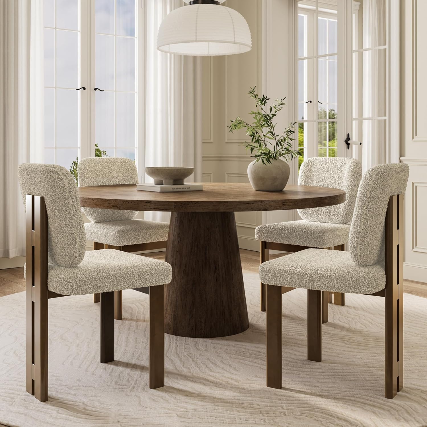 BESTANO Modern Farmhouse Dining Chairs Set of 4, Boucle Upholstered Wooden Kitchen Chairs with Back, Walnut Wood Legs, Beige