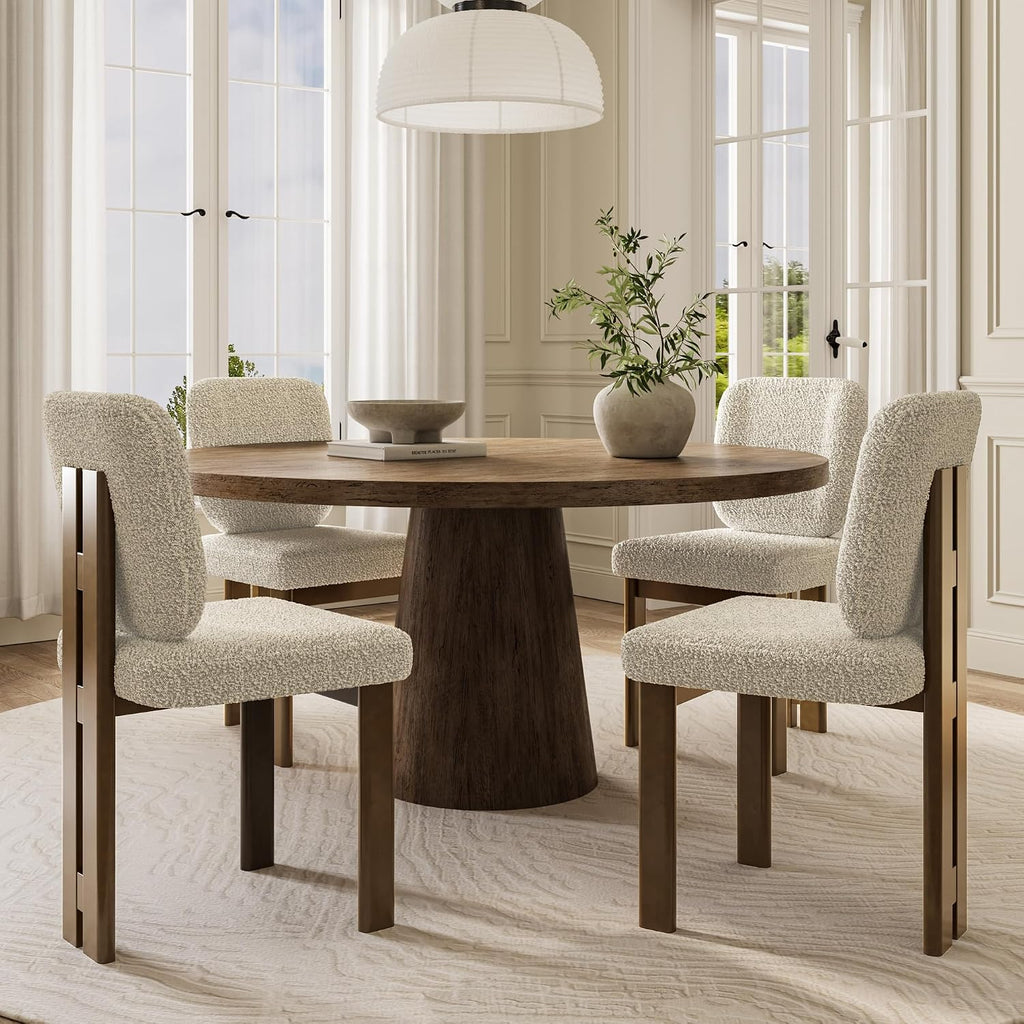 CIMOTA Modern Boucle Dining Chairs Set of 4, Upholstered Armless Side Chairs with Ergonomic Curved Back/Walnut Wood Legs, Mid-Century Accent Chairs for Kitchen or Dining Room, Beige