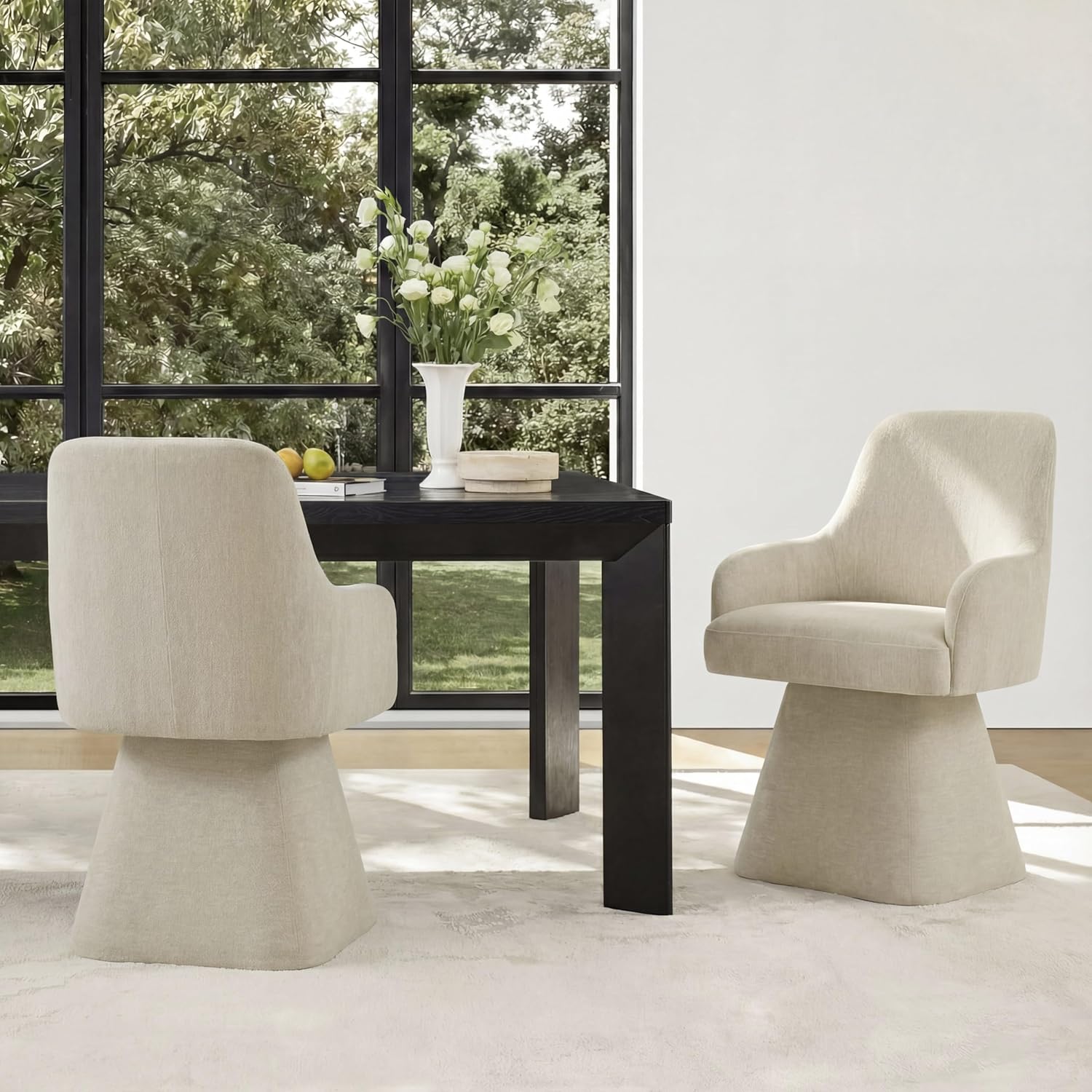 KISLOT Swivel Dining Chairs Set of 2, Mid Century Modern Chairs Fabric Upholstered Armchair with Armrest & Ergonomic Backrest for Dining Room, Kitchen, Bedroom, Living Room, Sand, 2 Boxs