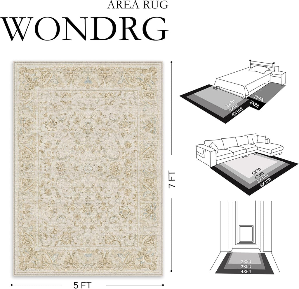 2x6 Washable Runner Rug for Hallway Kitchen Beige Low Pile Non Slip Runner Neutral Distressed Carpet Bathroom Front Door Beside Bed Home Decor