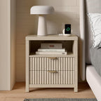 Furnulem Nightstand with Charging Station, 2 Drawers Fluted Night Stand | 19.7 inch Wide Bedside Table for Bedroom , Modern Nightstand with Wooden Legs and Metal Handle, Wood End Table, Natural Oak