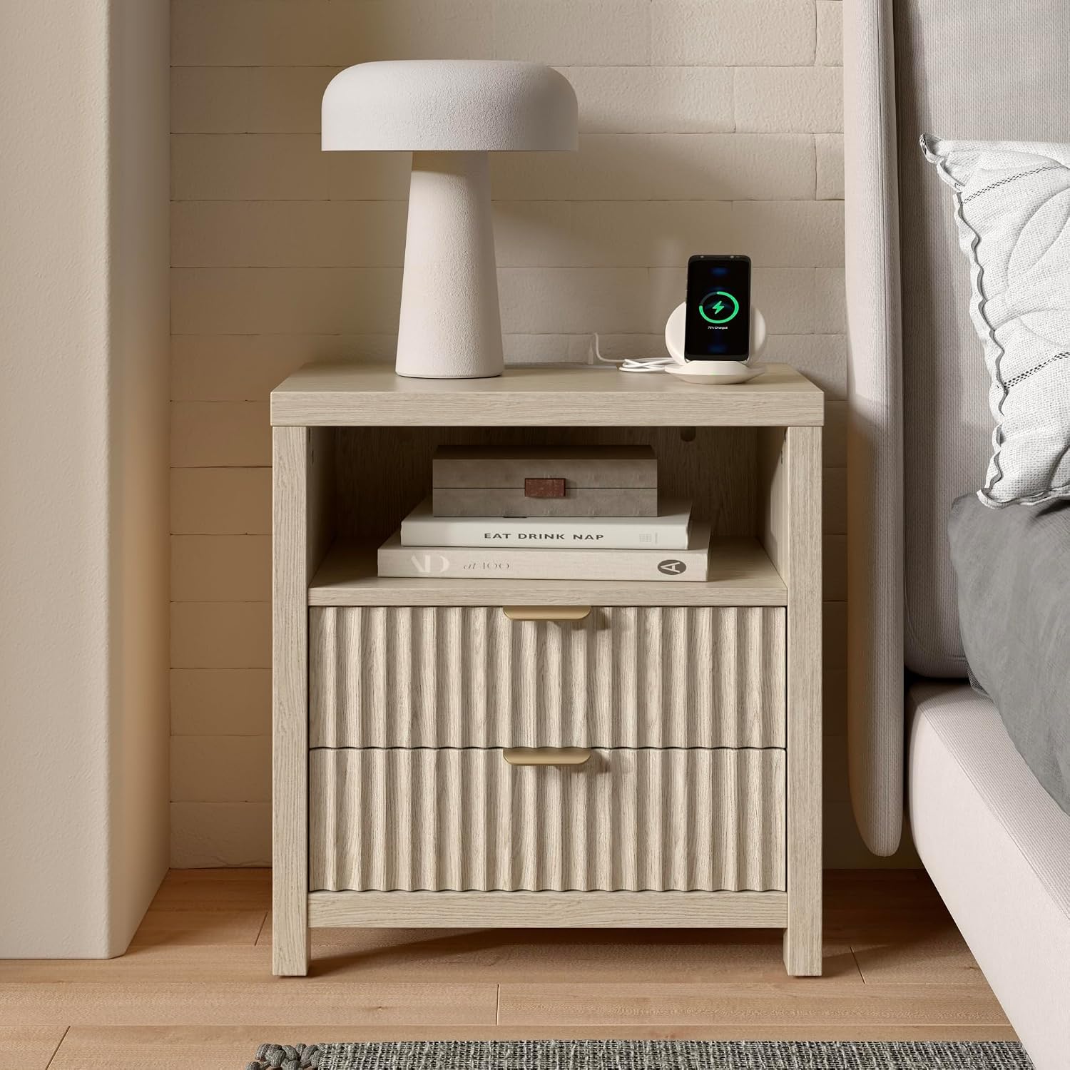 Furnulem Nightstand with Charging Station, 2 Drawers Fluted Night Stand | 19.7 inch Wide Bedside Table for Bedroom , Modern Nightstand with Wooden Legs and Metal Handle, Wood End Table, Natural Oak