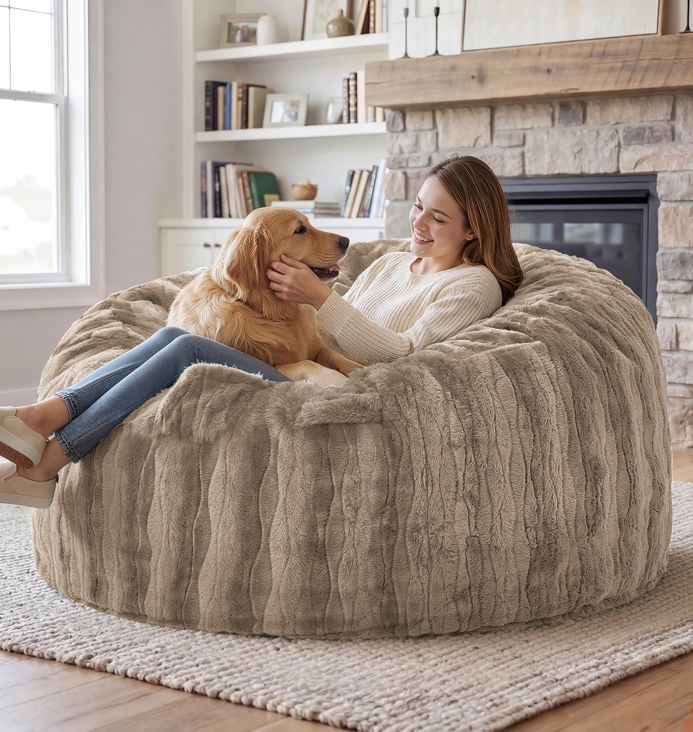 fond + found Adult Bean Bag Chairs 5FT Large Lounger, Wave Cover, Brown | Portable Handle, Removable and Washable Cover, Memory Foam Filled, Relaxing, Reading, Large, Soft Wave Pattern Plush Fabric