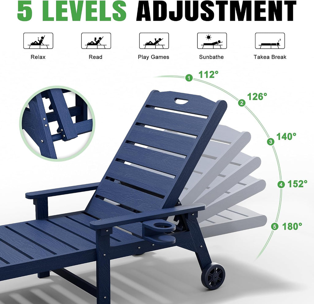 Outdoor Lounge Chair Set of 2 with 5-Position Adjustable, Outside Lounge Chair with Cup Holder, Wheels for Easy Mobility, HDPE Tanning Chair for Poolside, Patio, Blue