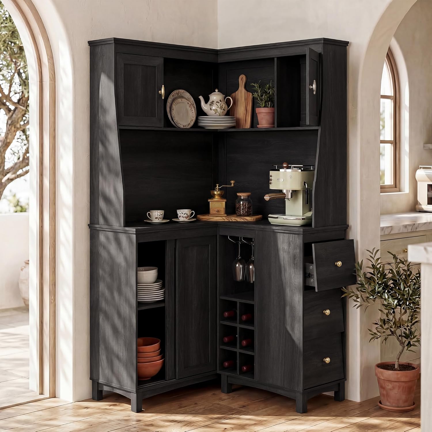 STO’Sense 71" Tall Corner Cabinet w/Charging Station,L-Shaped Kitchen Pantry Storage Cabinet w/3 Drawers,Countertop,Wine Rack,Shelves,Glass Holder&Sliding Door, Large Microwave Stand Hutch, Black Oak