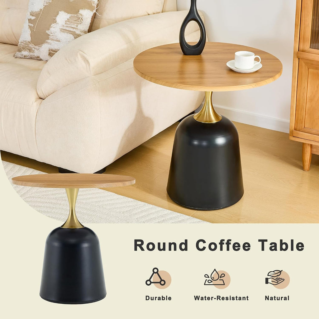 Modern 23.6" Round End Table, Wood Grain Side Table with Heavy-Duty Metal Base, Small Coffee Table for Living Room, Minimalist Nightstand for Bedroom, Simple & Sturdy Bedside Table (Wood)