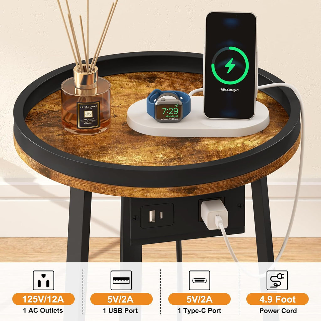 Industrial Round End Table with Charging Station,2-Tier Side Table with AC Outlet & USB Port, Sofa Side Table with Storage Shelf for Small Spaces, Living Room, Bedroom, Rustic Brown & Black