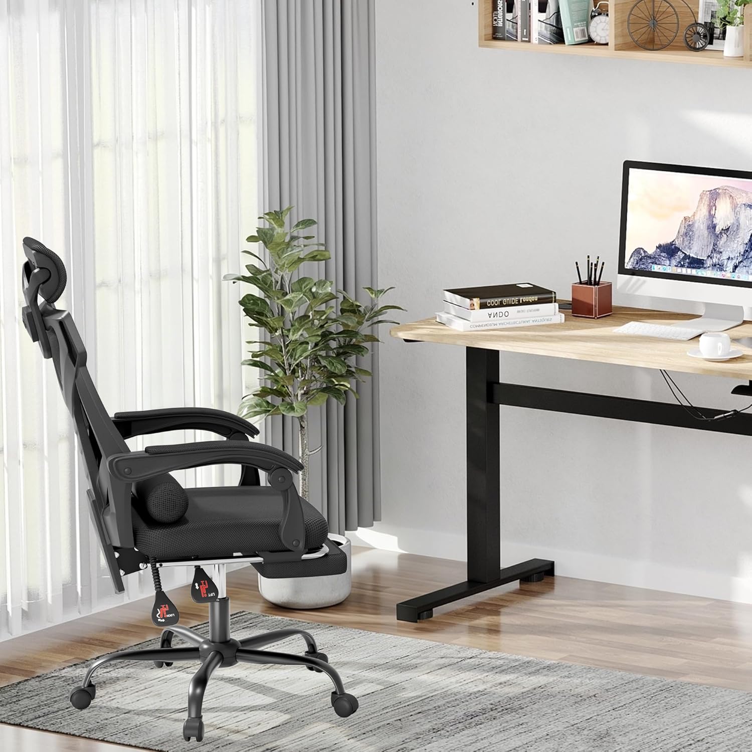 Mr IRONSTONE Mesh Office Chair with Footrest, High Back Reclining Desk Chair with Adjustable Headrest, Comfortable Task Chair for Home Office, Black