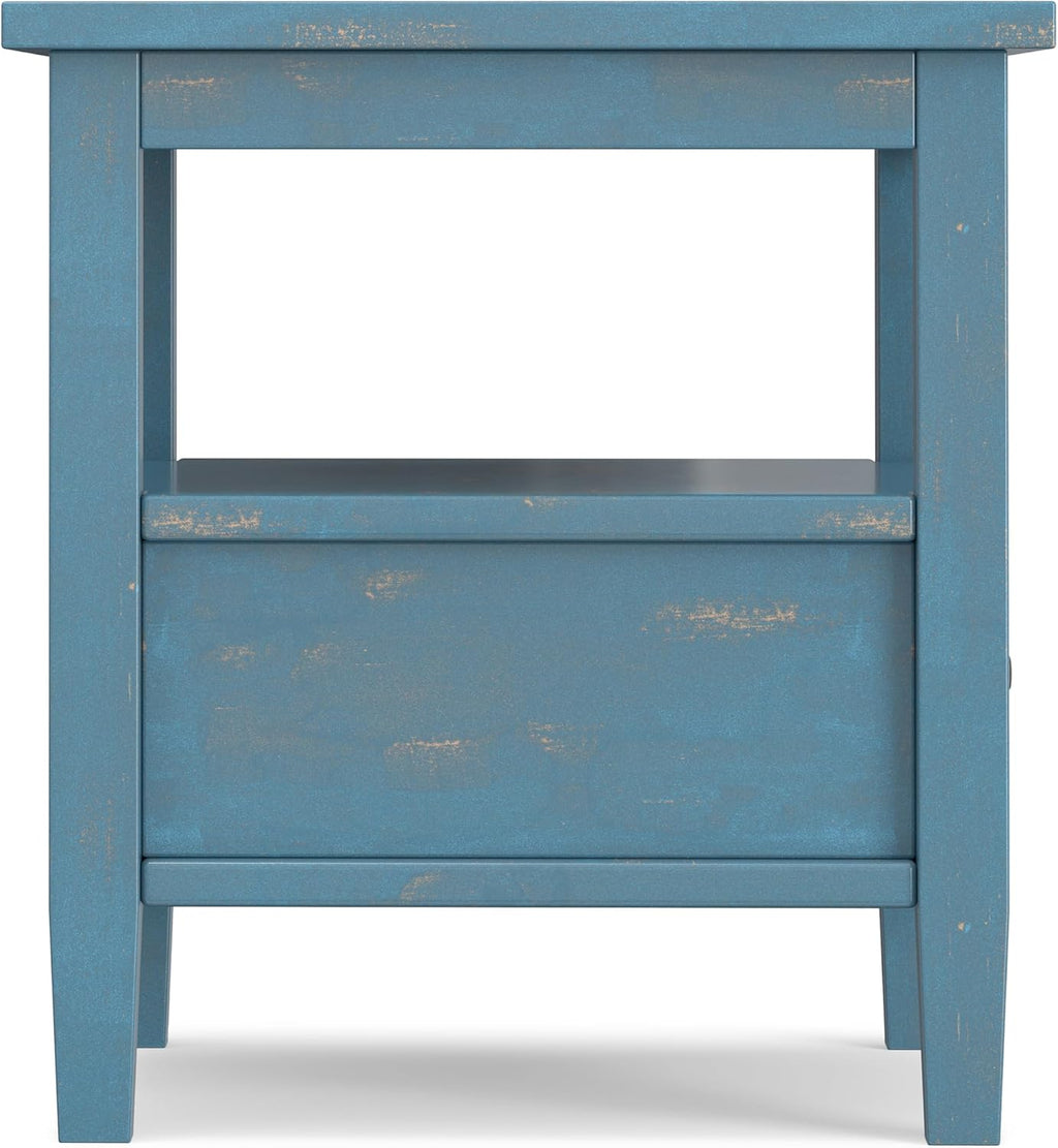 SIMPLIHOME Warm Shaker End Table - 20" Wide x 20" High Solid Wood Square Accent Table in Distressed Coastal Blue, Transitional Side Table for Living Room with Drawer, Open Shelf and Tapered Legs