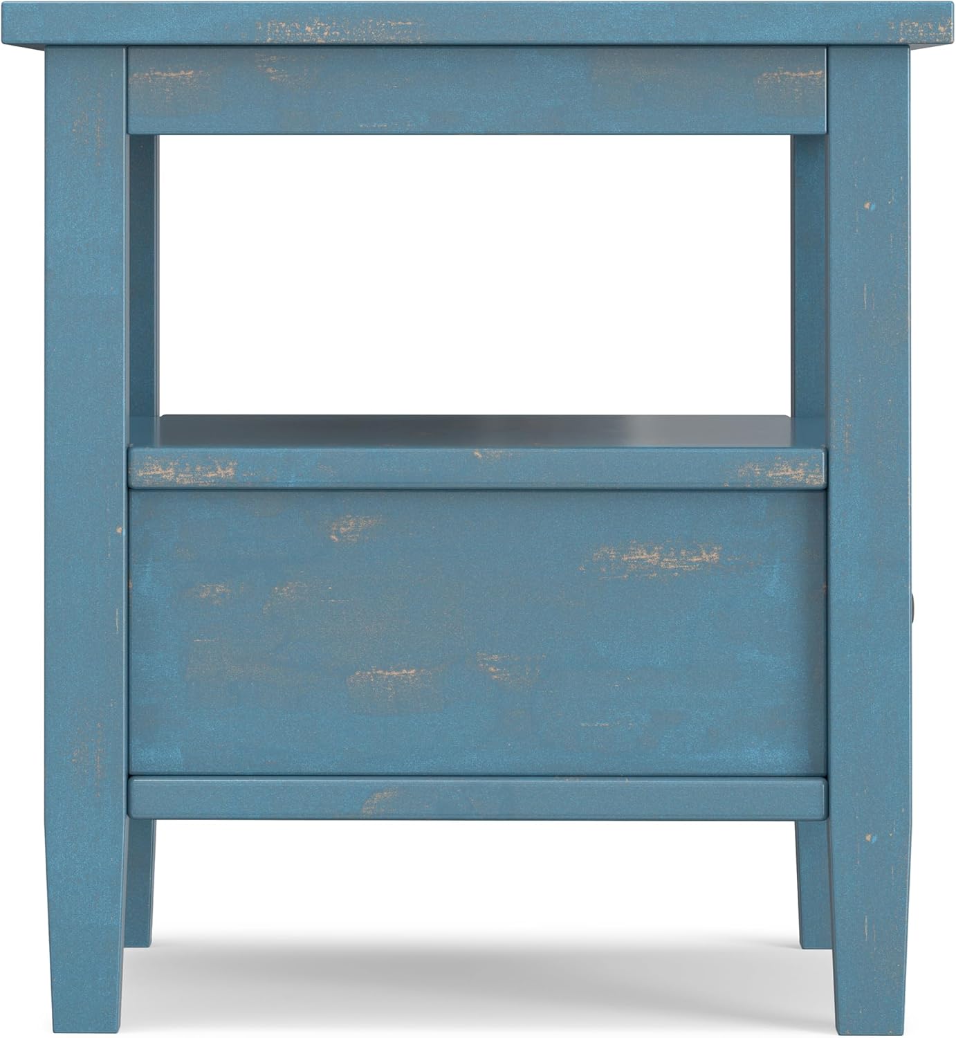 SIMPLIHOME Warm Shaker End Table - 20" Wide x 20" High Solid Wood Square Accent Table in Distressed Coastal Blue, Transitional Side Table for Living Room with Drawer, Open Shelf and Tapered Legs