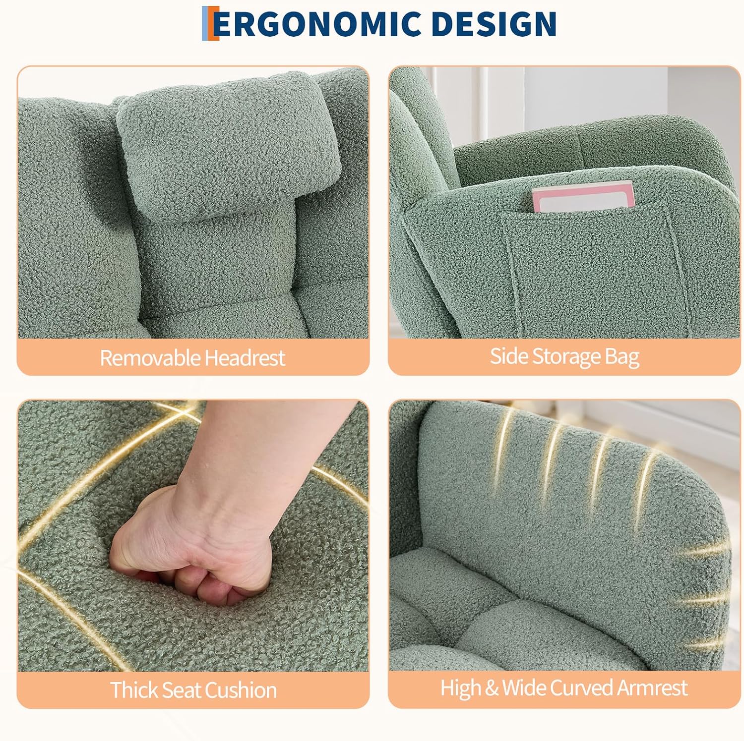 Rocking Chair Nursery, Teddy Upholstered Glider Rocker with High Backrest, Modern Rocking Accent Chair with Headrest, Comfy Armchair for Living Room, Bedroom, Offices, Green