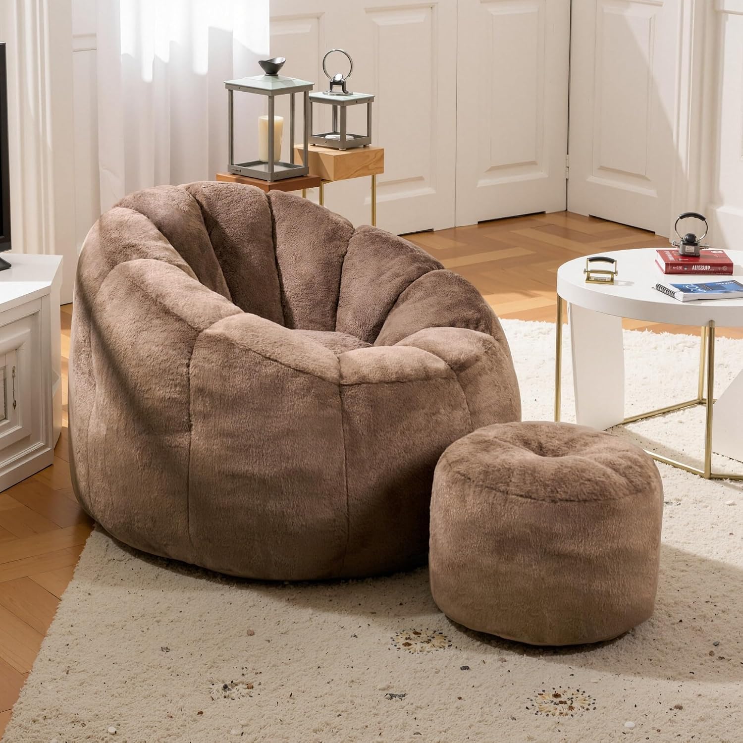 Bean Bag Chair, Bean Bag Chair with Ottoman, Stuffed Bean Bag Chairs with Filler, Big Beanbag Chairs with Filling for Living Room (Faux Fur in Brown, 40.6" D×41.4" W×27.6" H)