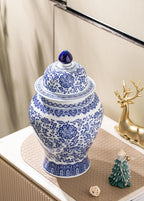 Blue and White Ginger Jar, Ceramic Chinoiserie Decorative Jars for Home, Office, Flower Vase Pocelain, Glossy Vase for Table, Living Room, Bookshelf, Mantle Fireplace, Centerpieces,15" H