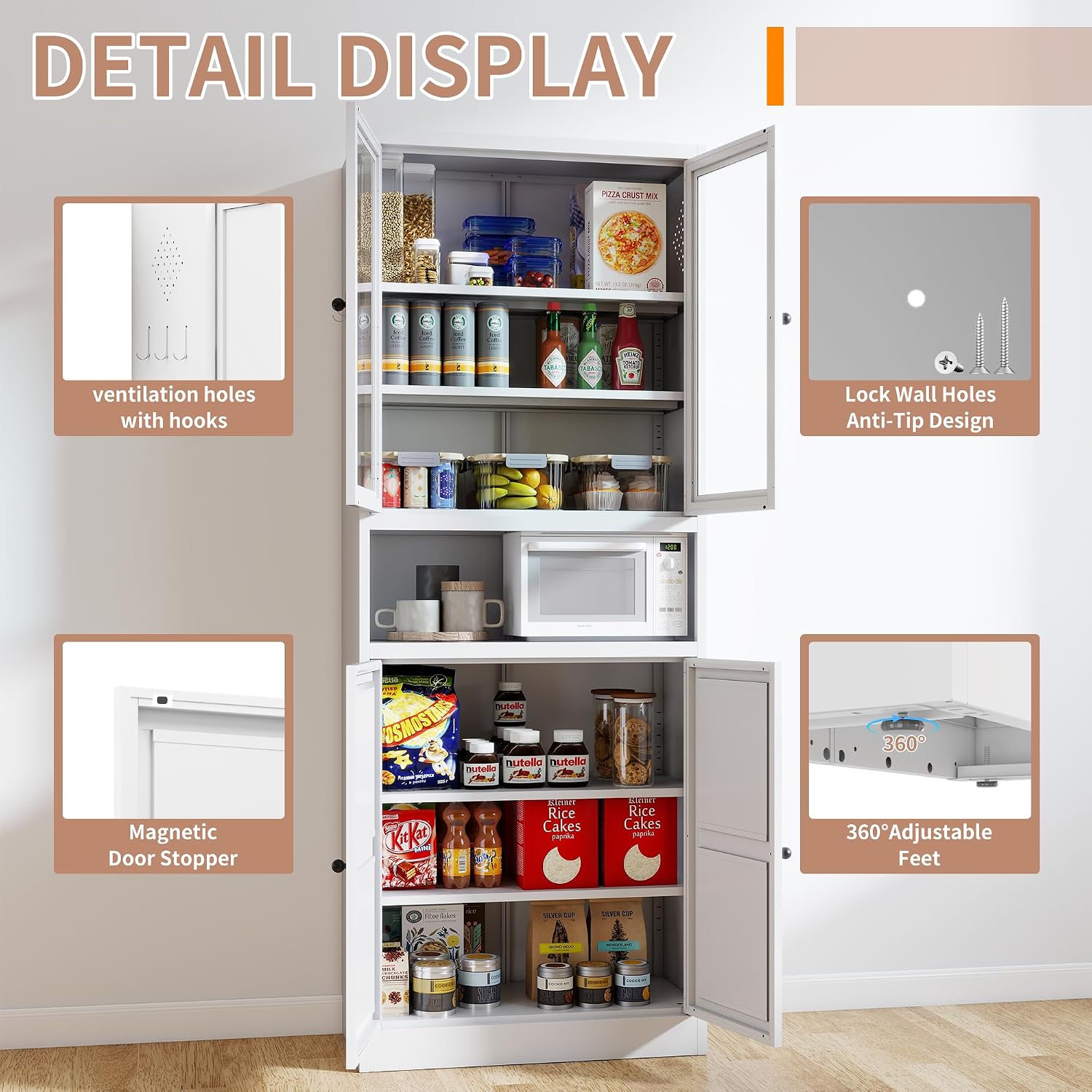 72" Metal Kitchen Pantry Cabinet - Heavy Duty Stainless Steel Frame, 5 Adjustable Shelves, Freestanding Storage Cabinet for Kitchen/Pantry/Bathroom, Tool-Free Assembly & Silent Magnetic Doors(White)