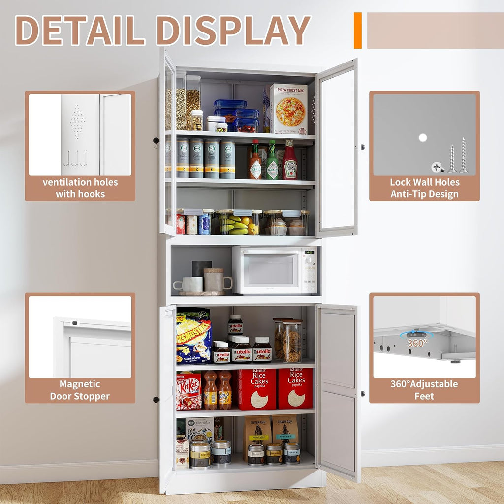 72" Tall Metal Kitchen Pantry Cabinet with Glass Doors & Adjustable Shelves, Freestanding Storage Cabinet Credenza Organizer Utility Cupboard for Pantry, Kitchen, Bathroom