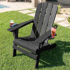 Folding Adirondack Chair with Cup Holder, Adjustable Back Plastic Patio Chairs for All Weather, HDPE Fire Pit Chair, Outdoor Lawn Chairs for Deck, Porch, Backyard, Garden, Black