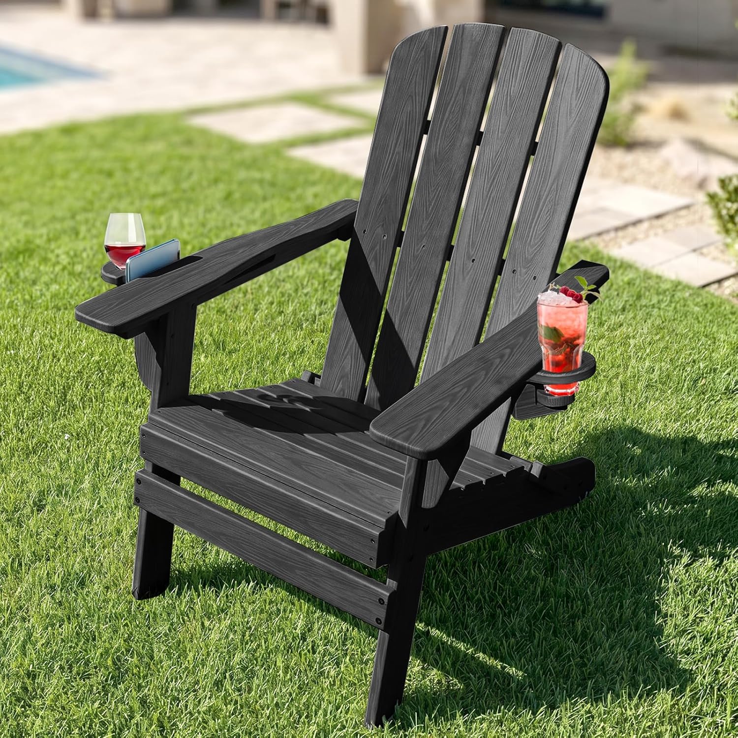 Folding Adirondack Chair with Cup Holder, Adjustable Back Plastic Patio Chairs for All Weather, HDPE Fire Pit Chair, Outdoor Lawn Chairs for Deck, Porch, Backyard, Garden, Black