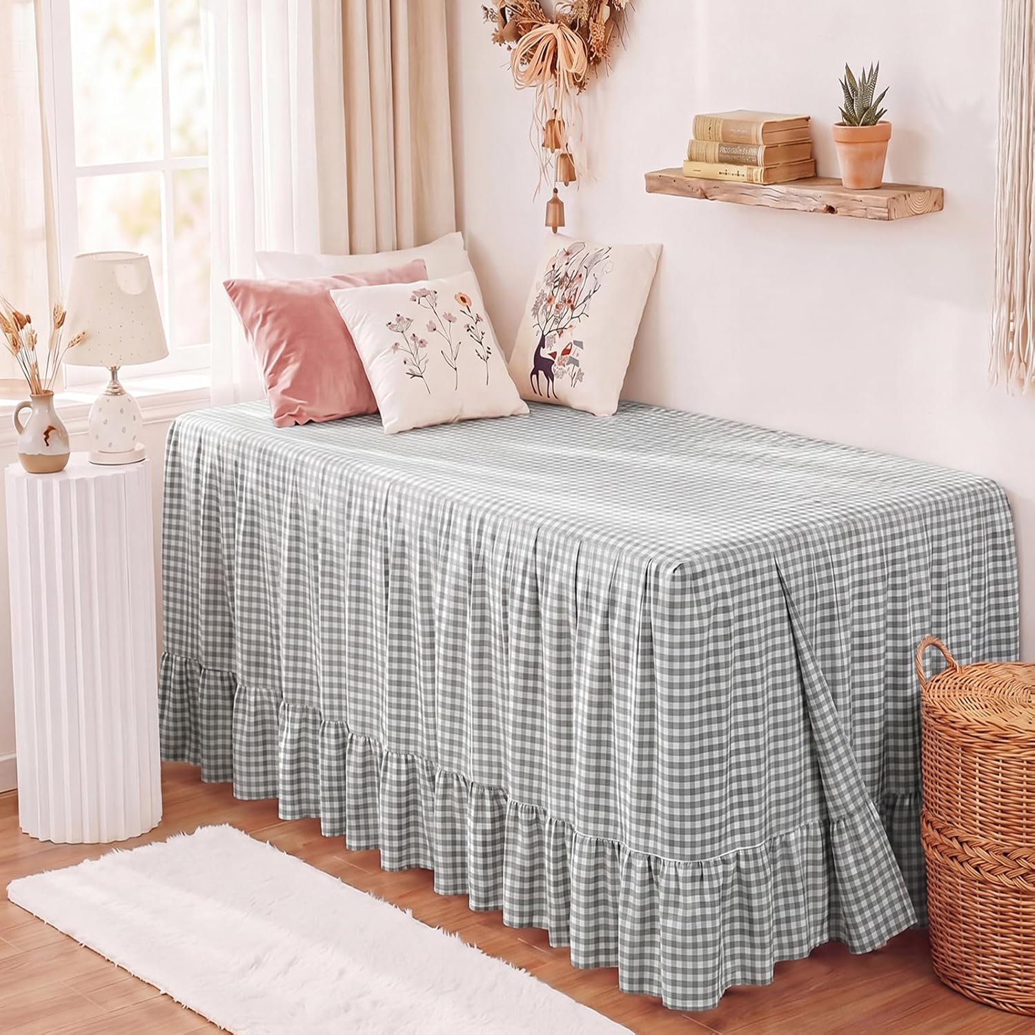 Tudomro Green Dorm Bed Skirt Twin XL 32 Inch Drop, Gingham Check with Ruffled Hem, Split Corners Microfiber Bed Skirts Soft Fabric Bedskirt for Dorm Bedrooms Easy to Install Clean