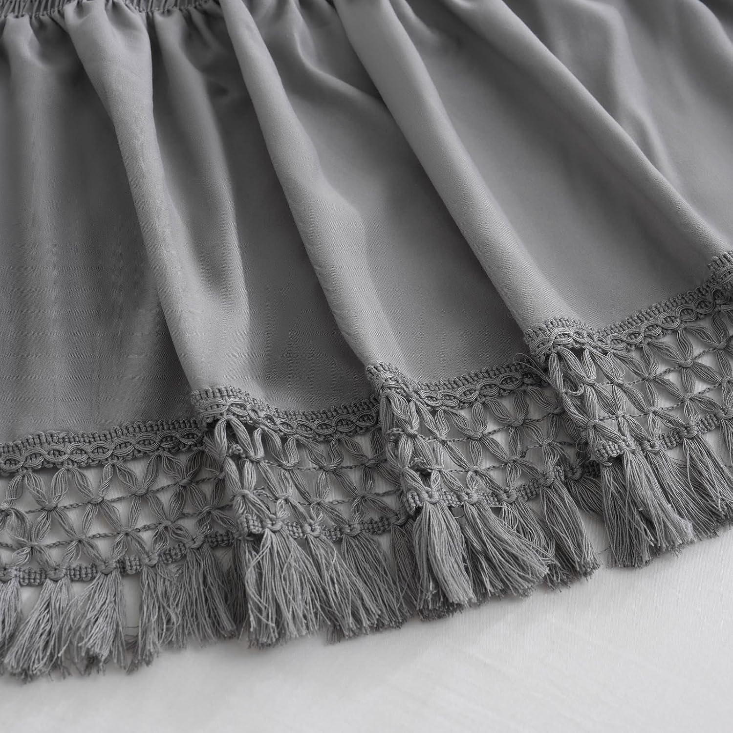 Boho Bed Skirt with 16 Inch Drop, Wrap Around Tassel Bed Skirt, Elastic Dust Ruffle with Adjustable Belts, Easy to Put On, Bed Frame Cover, Machine Washable (Gray,Queen 60"x80")