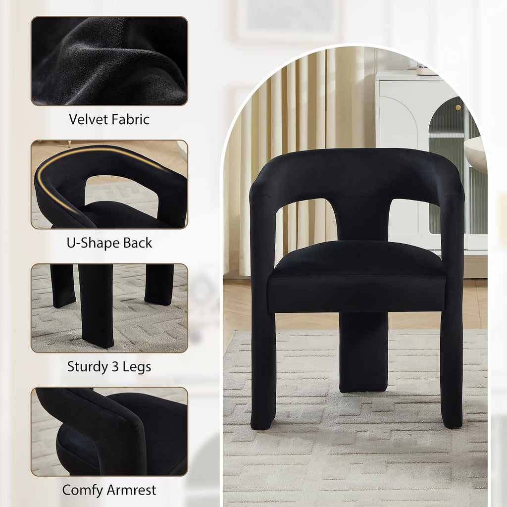 Modern Barrel Dining Chairs Set of 6, No Assembly Velvet Upholstered Dining Room Chairs with Open Back and 3 Legs, Comfy Accent Armchairs for Living Room/Bedroom/Kitchen/Reading, Black