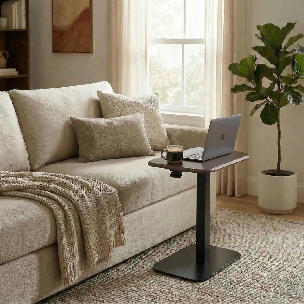 Elevance Height Adjustable Side Table, Black Base, Walnut Top | Sofa Laptop Table for Couch & Bed | Small C-Shape End Table for Home or Office