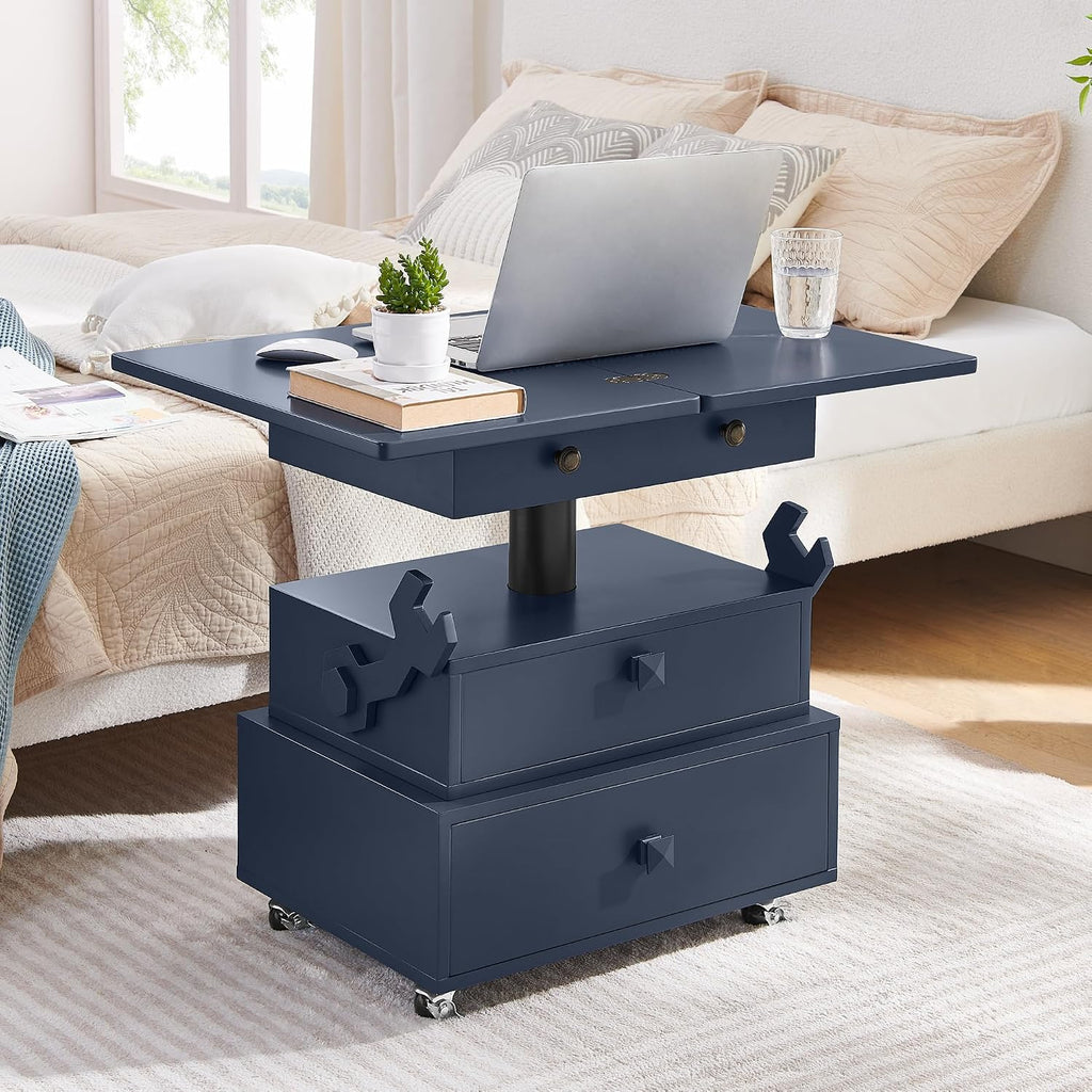 High Gloss Rolling Lift Top End Table with Charging Station, Height Adjustable Mobile Side Table with Storage Drawer and Lockable Wheels, Space-Saving Nightstand for Living Room Bedroom, Blue