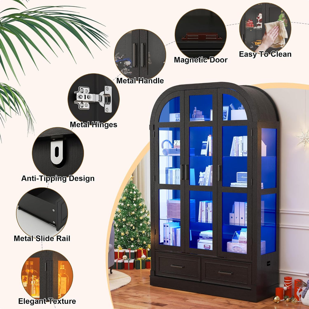 Arched Display Cabinet with 3 Glass Doors,5-Tier Curio Cabinet W/3 Color Lights for Collectibles,78'' Tall Curio Cabinet W/2 Drawers,Modern Display Case W/Human Body Sensor Light for Living/Game Room