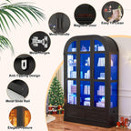 Arched Display Cabinet with 3 Glass Doors,5-Tier Curio Cabinet W/3 Color Lights for Collectibles,78'' Tall Curio Cabinet W/2 Drawers,Modern Display Case W/Human Body Sensor Light for Living/Game Room