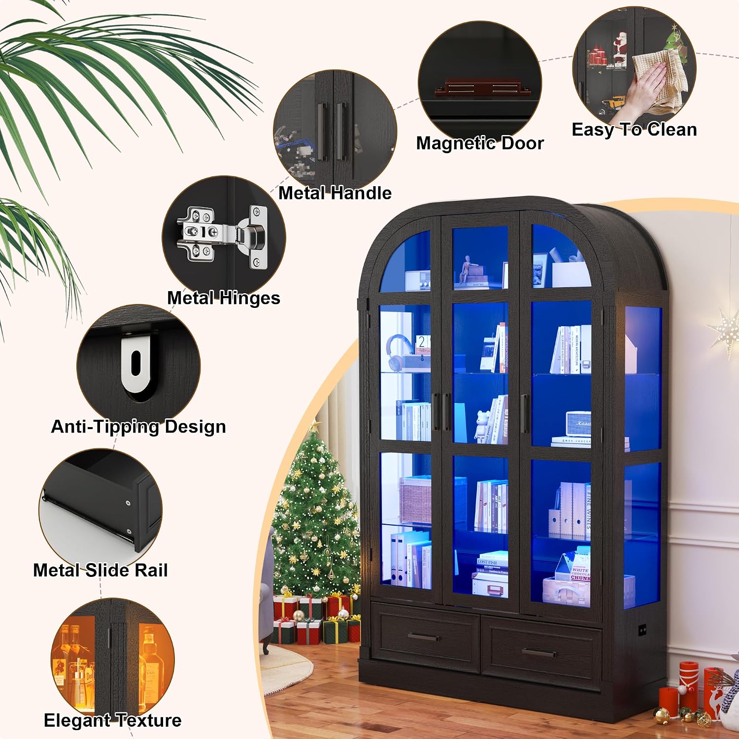 Arched Display Cabinet with 3 Glass Doors,5-Tier Curio Cabinet W/3 Color Lights for Collectibles,78'' Tall Curio Cabinet W/2 Drawers,Modern Display Case W/Human Body Sensor Light for Living/Game Room