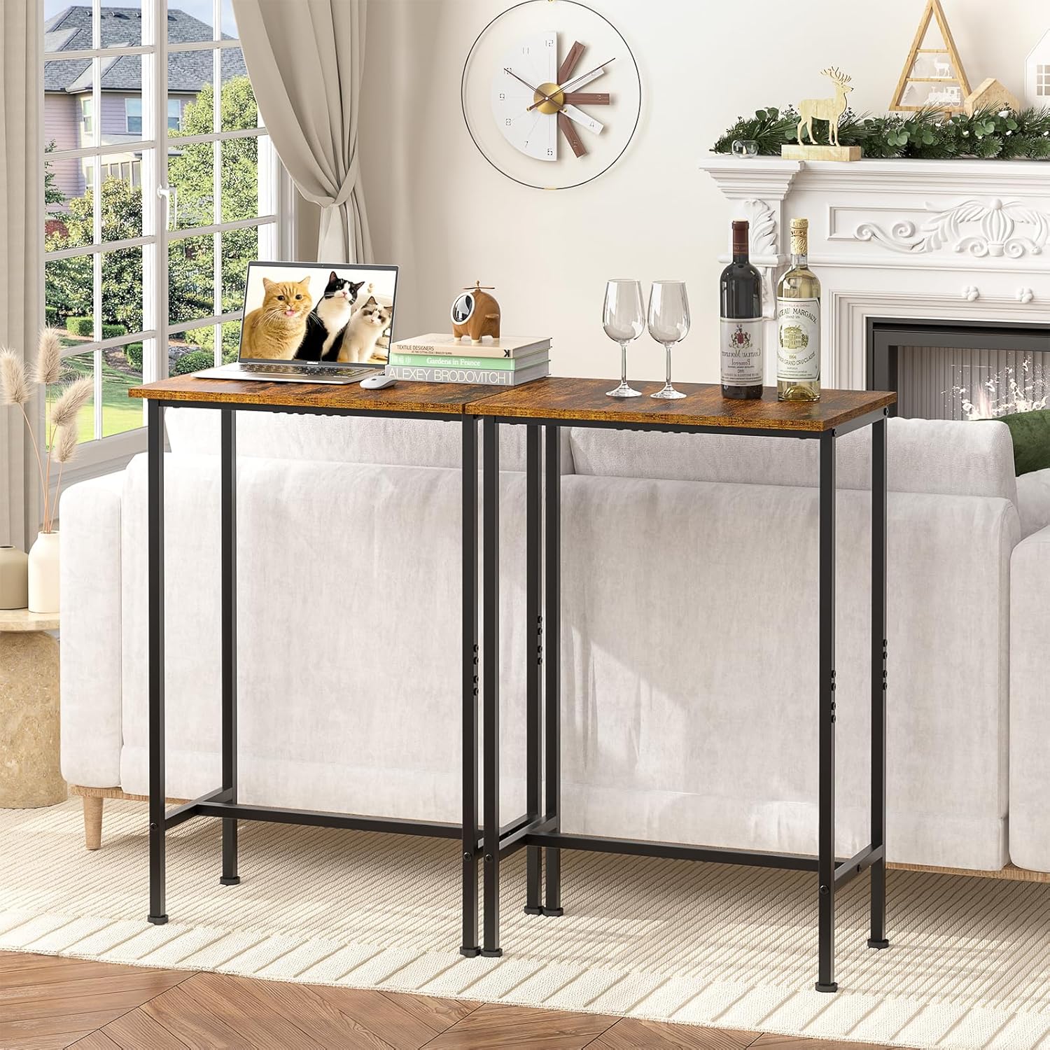 DAOUTIME Bar Height Table, Compact Bar Table, Counter Height Kitchen Dining Table for Apartment Breakfast Nook Home Bar, Sturdy Metal Frame, Small Console Table for Narrow Spaces