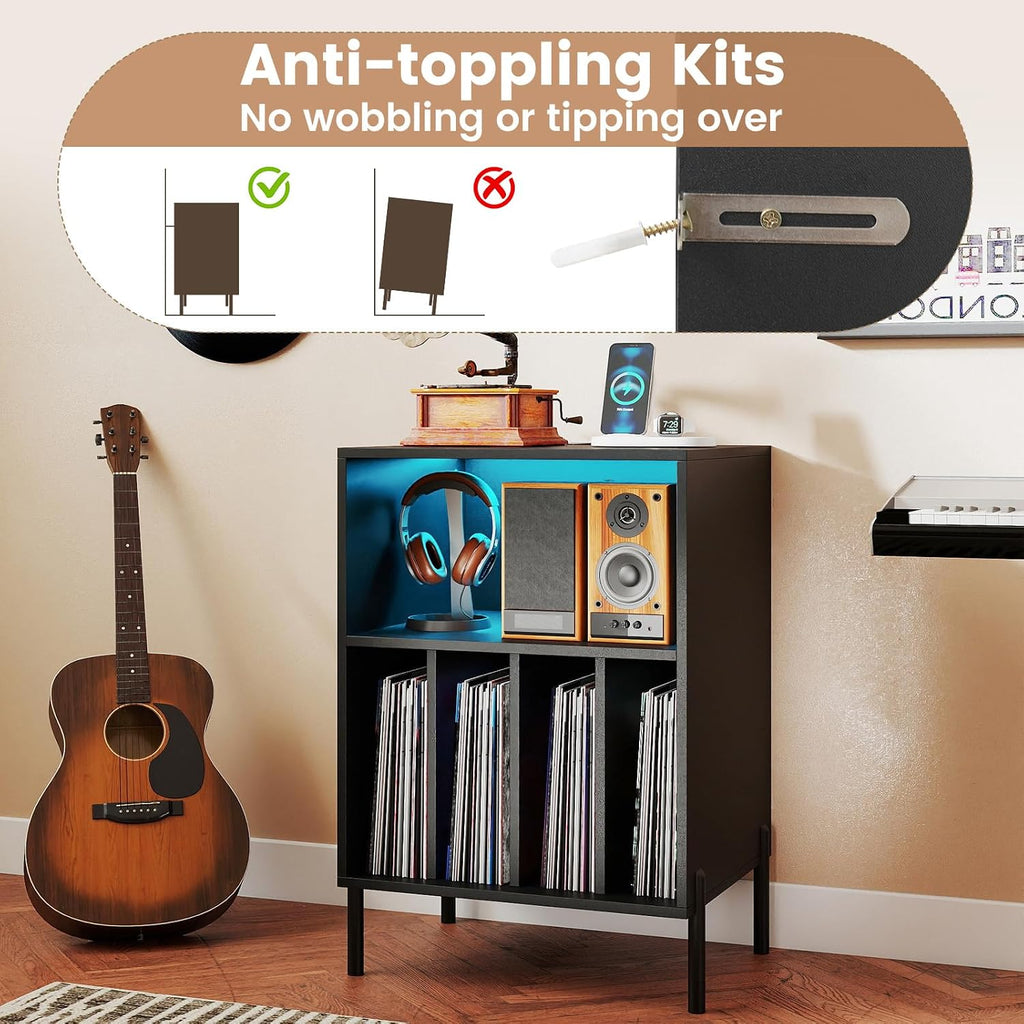 Giantex Record Player Stand with LED Lights & Charging Station, Turntable Stand with Record Holder, Record Player Table with Metal Legs, Vinyl Record Storage for Living Room, Music Room, Black