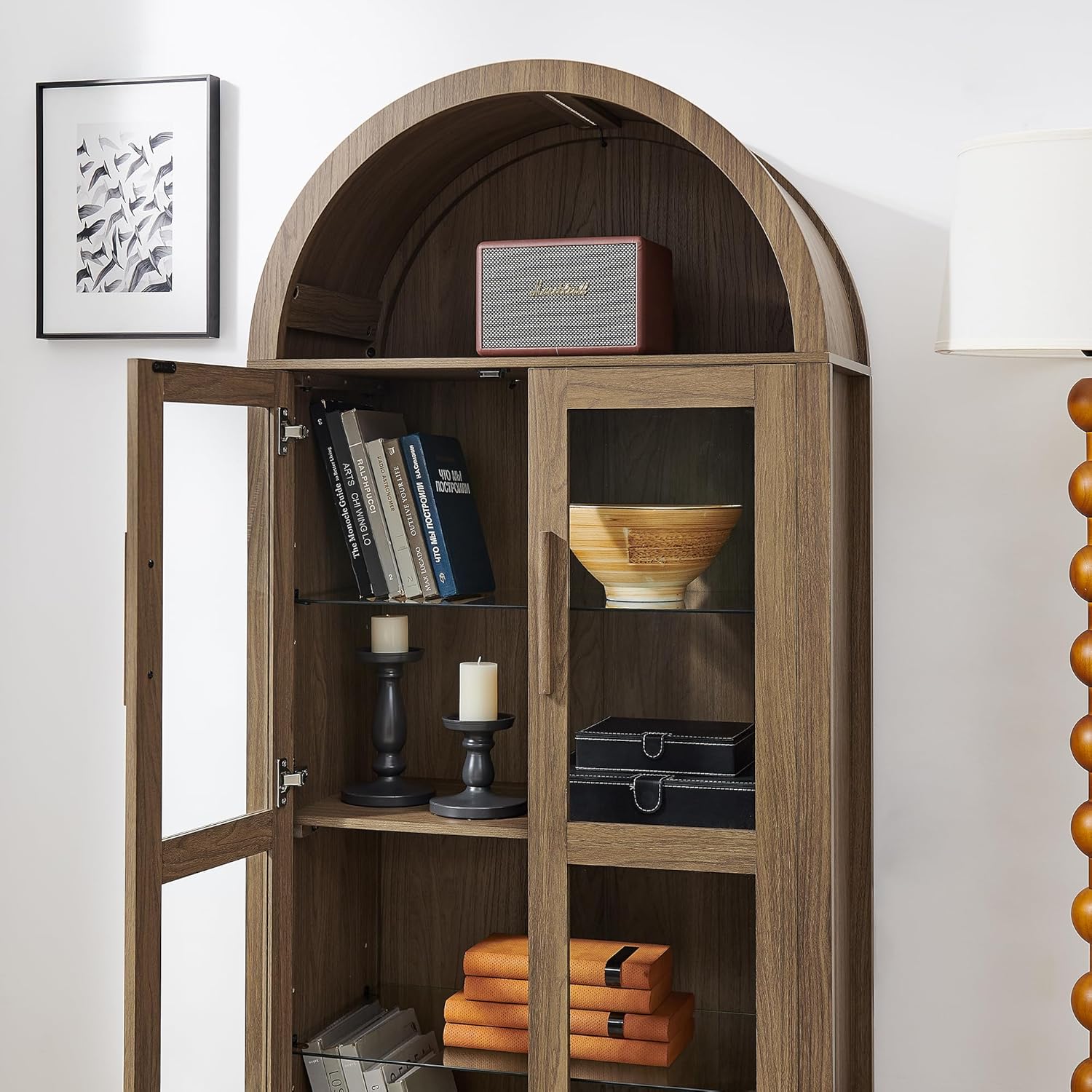 JIJIWANG Tall Wooden Arched Cabinet,LED Arched Kitchen Pantry Cabinet with Doors & Shelves,Modern Retro-Style Wooden Storage Cabinets with Adjustable Glass Partitions for Dining Room,Brown