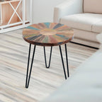 Greeange Solid Wood Round End Table 18" x 18" x 20" Farmhouse Sofa Side Table Multicolor Rustic Boho Accent Coffee Table Furniture for Living Room Bedroom Patio Sun Pattern