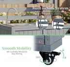 RuiSiSi Patio Rolling Kitchen Island Solid Wood Kitchen Cart with Sink, Garden Potting Bench with Stainless Table Top, 2 Movable Shelves and 1 Bottle Opener, Grey
