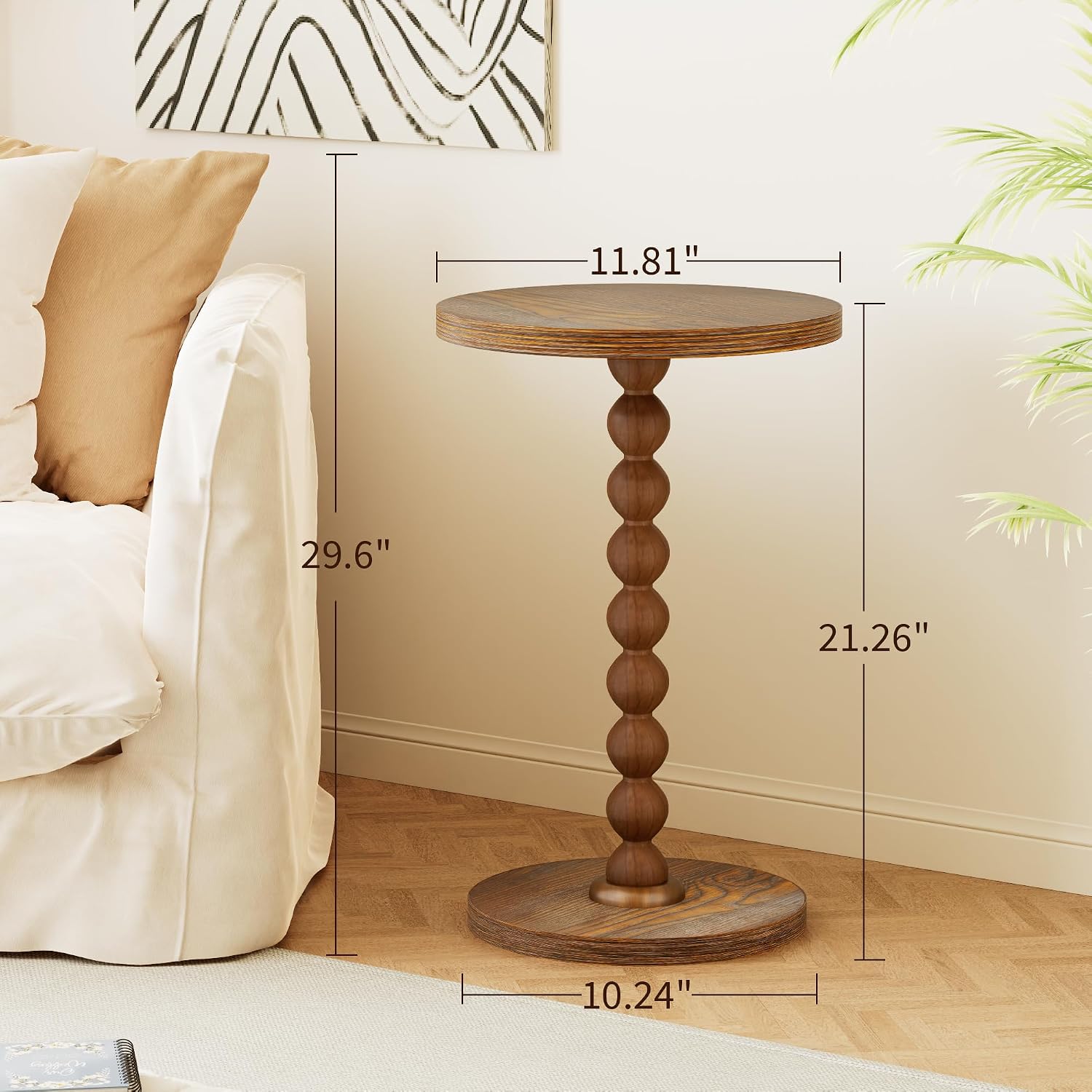 Round Side Table, Drink Table for Small Spaces, Modern Accent Nightstand with Rubberwood Leg for Living Room, Bedroom, Corners, and Office (Brown)