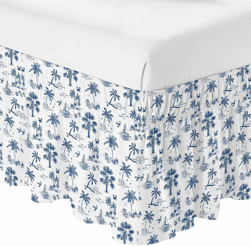 Blue Tropical Plant Bed Skirt King Size 16 Inch Drop, Adjustable Elastic Bedskirt Dust Ruffle for King Size Bed, Summer Palm Trees Coastal Nautical Wrap Around Bed Skirts Pleated Bed Frame Cover