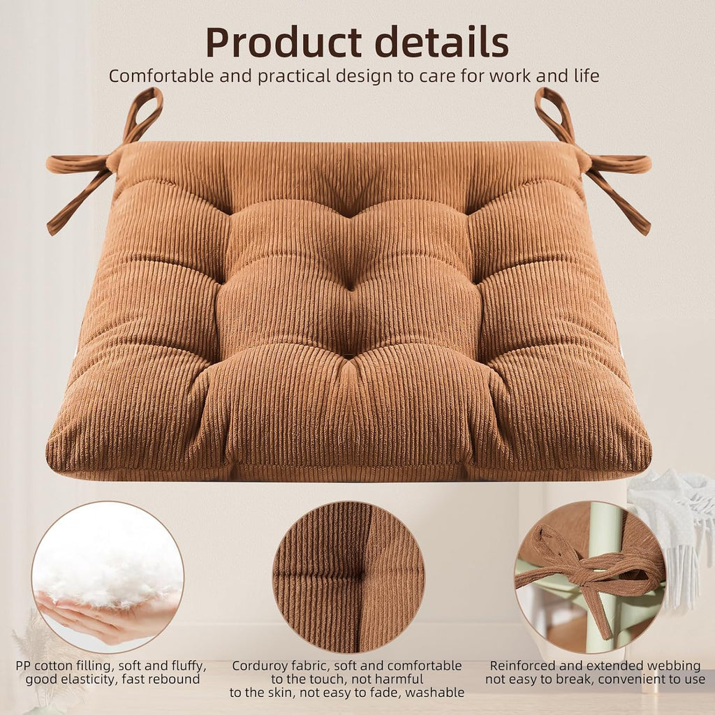 HLOVME Corduroy Chair Cushion with Ties Ultra Soft Warm Floor Cushion for Kids Reading Nook Comfortable Square Seat Cushion for Adult 15.7”x15.7”, Khaki