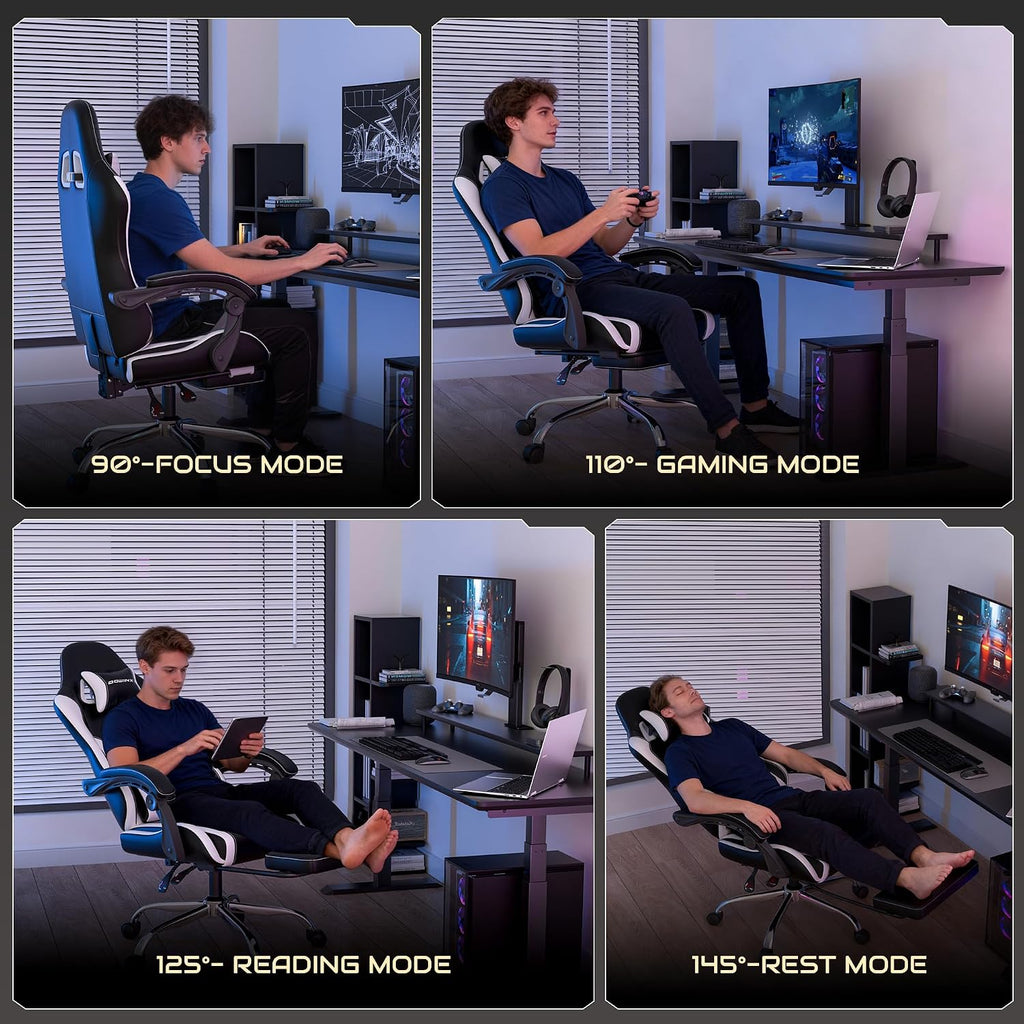 Gaming Chair with Footrest & Massage Lumbar, Ergonomic Reclining Gaming Chair 330lbs with Headrest Pillow for Office, Home & Long Gaming Sessions, White