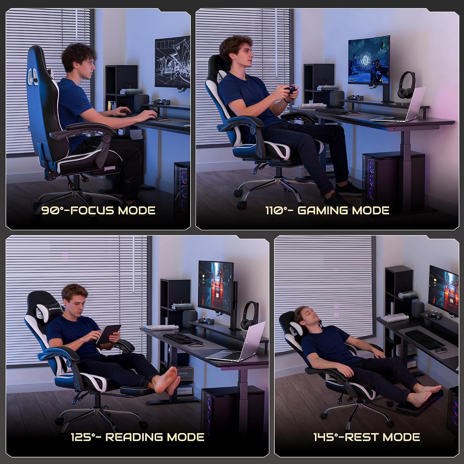 Gaming Chair with Footrest & Massage Lumbar, Ergonomic Reclining Gaming Chair 330lbs with Headrest Pillow for Office, Home & Long Gaming Sessions, White
