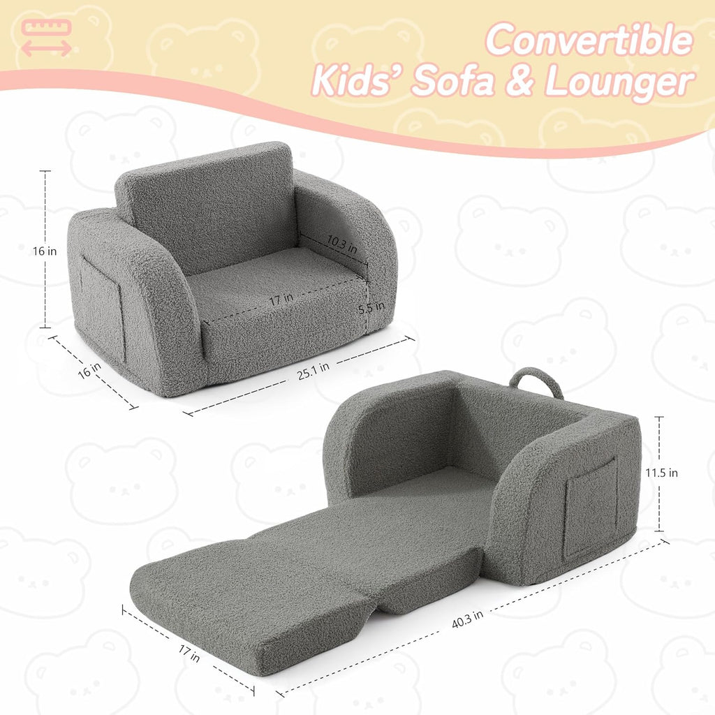 Toddler Couch, 2-in-1 Toddler Chairs Comfy 1-3 Years Old, Toddler Chair for Girls and Boys, Kids Couch Bed Fold Out, Convertible Baby Sofa to Lounge Chair for Playing, Reading, Napping, Grey