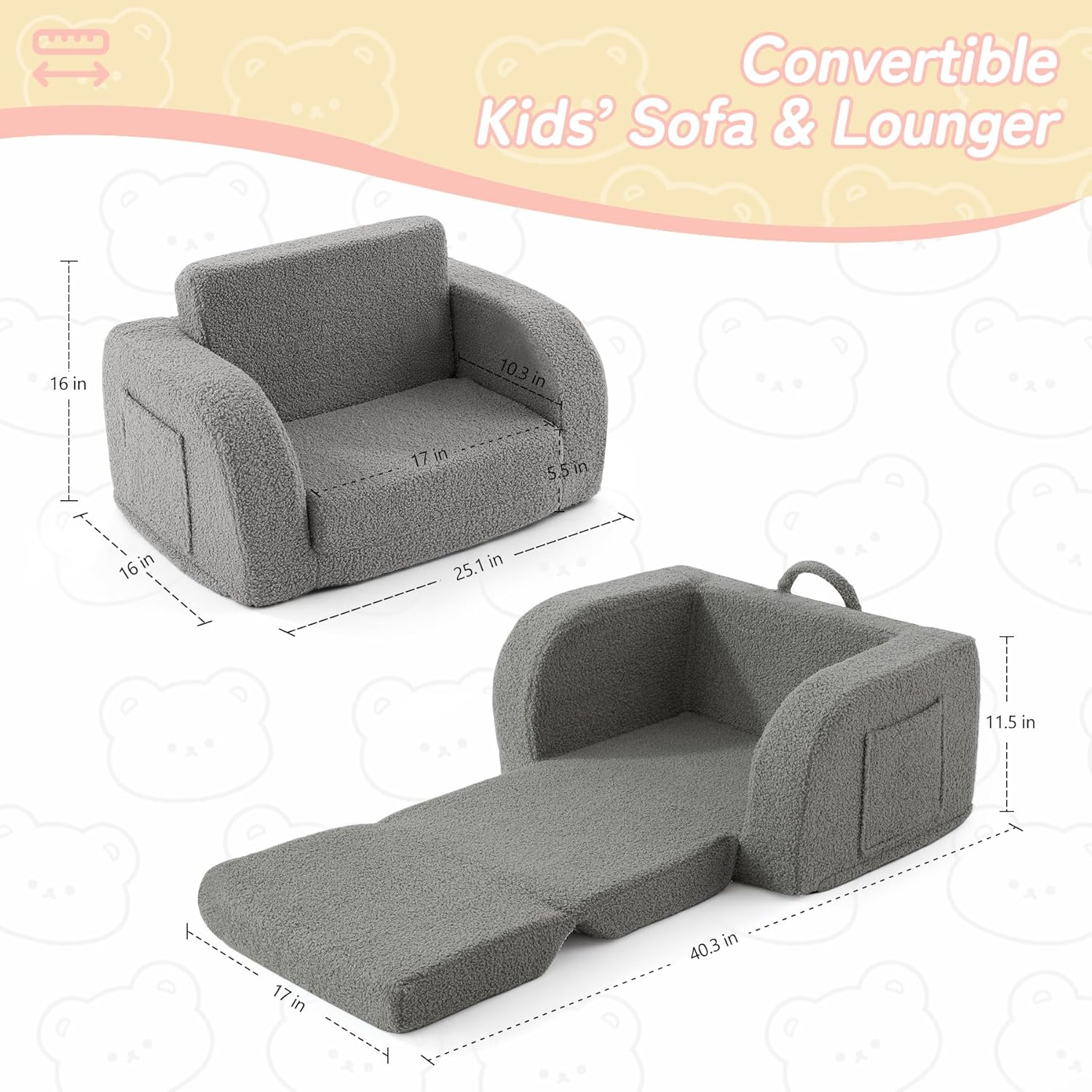 Toddler Couch, 2-in-1 Toddler Chairs Comfy 1-3 Years Old, Toddler Chair for Girls and Boys, Kids Couch Bed Fold Out, Convertible Baby Sofa to Lounge Chair for Playing, Reading, Napping, Grey