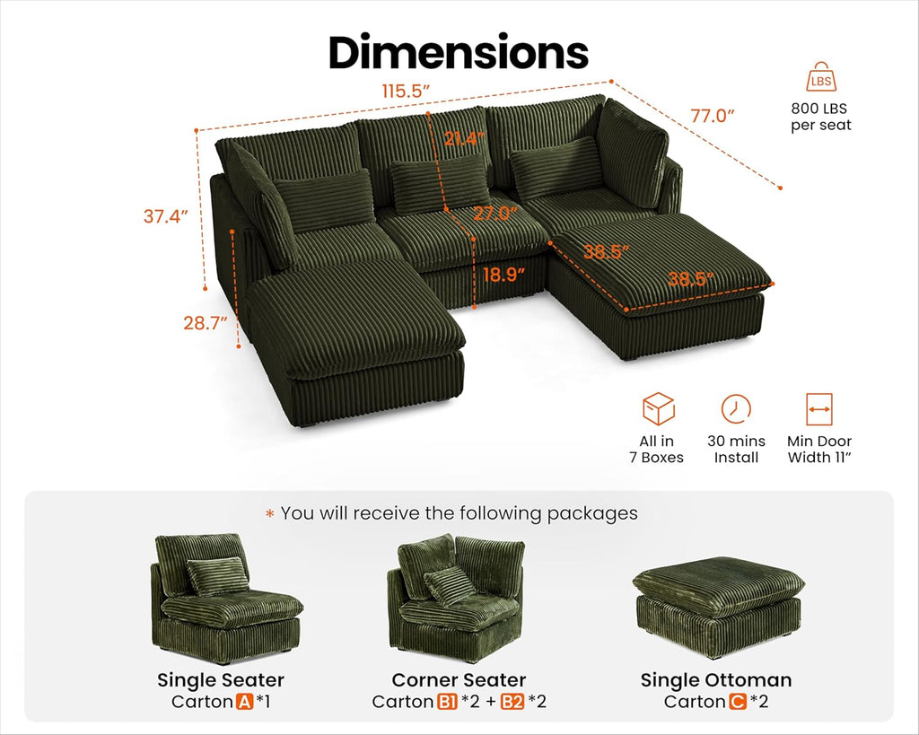 115" Oversized Corduroy Couch Modular Sectional Sofa, Washable Cloud Couch Sectional with 2 Ottoman, 5 Seater Sectional Couches for Living Room, Fully Cover Removable, U Shaped, Corduroy, Green