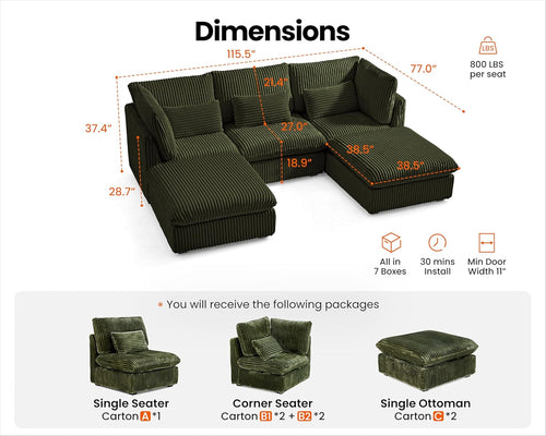 115" Oversized Corduroy Couch Modular Sectional Sofa, Washable Cloud Couch Sectional with 2 Ottoman, 5 Seater Sectional Couches for Living Room, Fully Cover Removable, U Shaped, Corduroy, Green