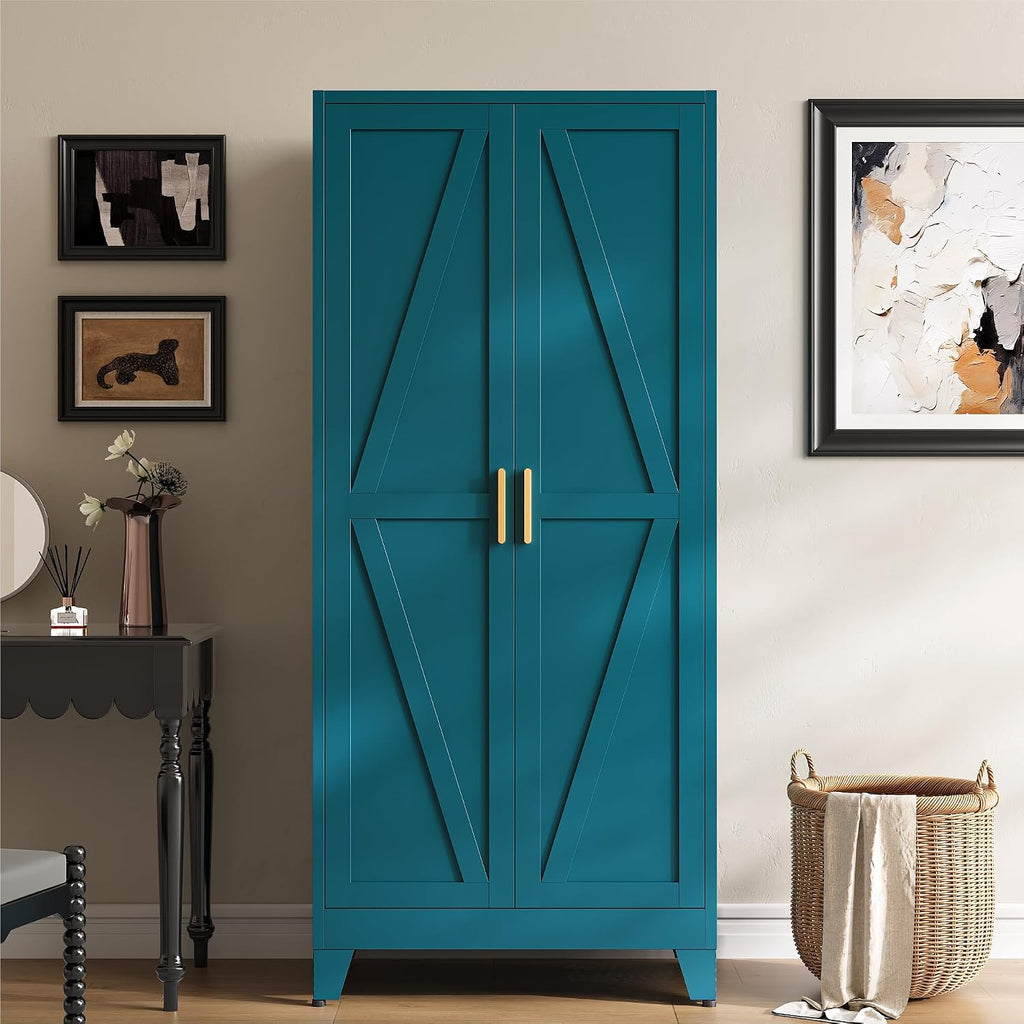 Metal Armoire Wardrobe Closet, Blue Farmhouse Storage Cabinet with Adjustable Shelves and Hanging Rod, 2 Doors Steel Wardrobe Cabinet Storage Clothes Closet foe Bedroom office School Dormitorio Gym