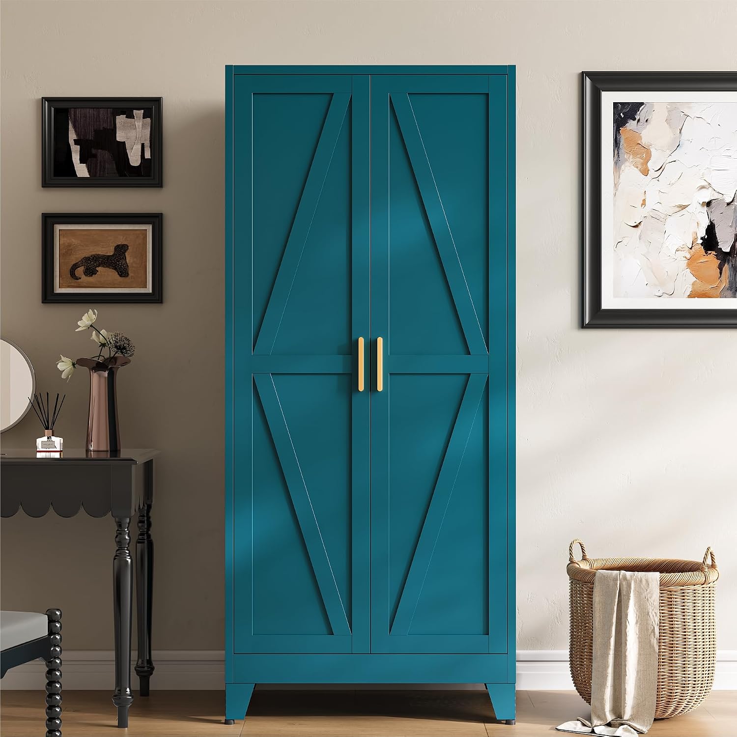Metal Armoire Wardrobe Closet, Blue Farmhouse Storage Cabinet with Adjustable Shelves and Hanging Rod, 2 Doors Steel Wardrobe Cabinet Storage Clothes Closet foe Bedroom office School Dormitorio Gym